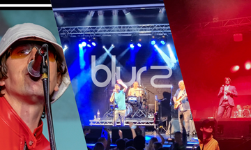 A composite of Britpop tribute bands Oasiz, Blur2 and Pulp'd in front of a union jack flag.