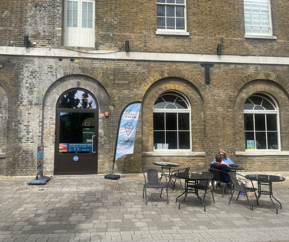The outside seating area at Visitors' Book Cafe at Woolwich Works