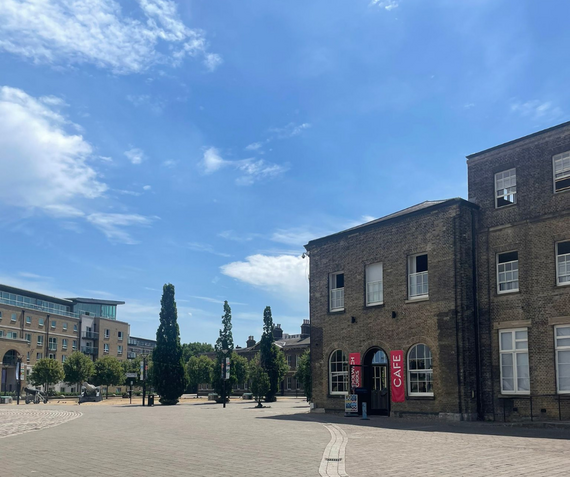 The riverside entrance to the Visitors' Book Cafe at Woolwich Works