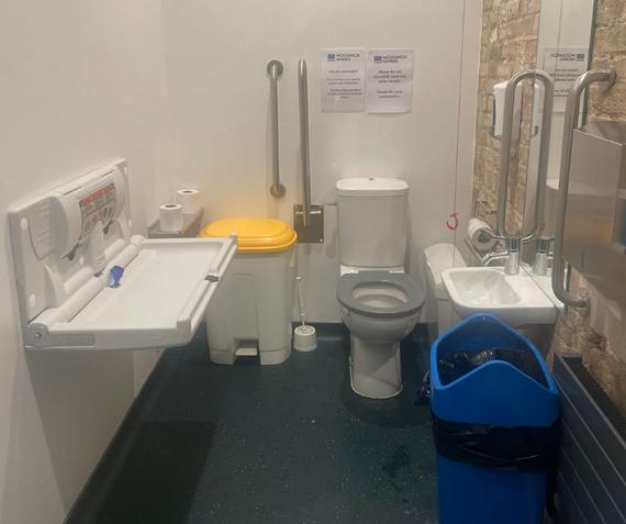 Inside one of the accessible toilets with a baby changing table, at Woolwich Works