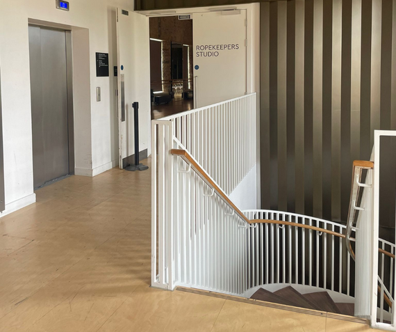 The entrance to Ropekeepers Studio, at the top of a flight of stairs at Woolwich Works