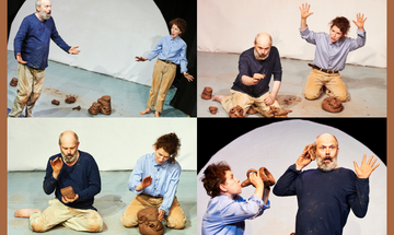 Indefinite Articles performing their show Claytime, playing with clay and creating different objects