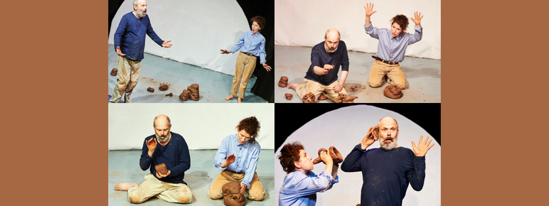 Indefinite Articles performing their show Claytime, playing with clay and creating different objects