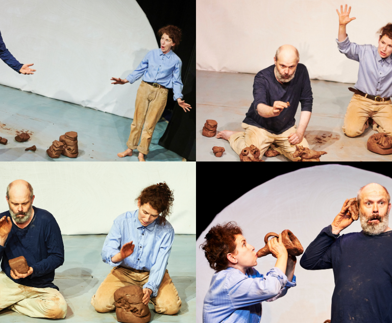 Indefinite Articles performing their show Claytime, playing with clay and creating different objects