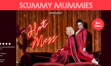 Scummy Mummies dressed in red dresses in front of a curtain