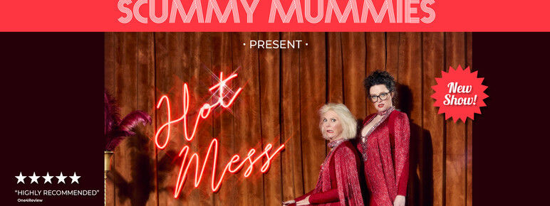 Scummy Mummies dressed in red dresses in front of a curtain