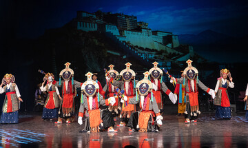 Members of the Tibetan Institute of Performing Arts performing on stage in traditional costume