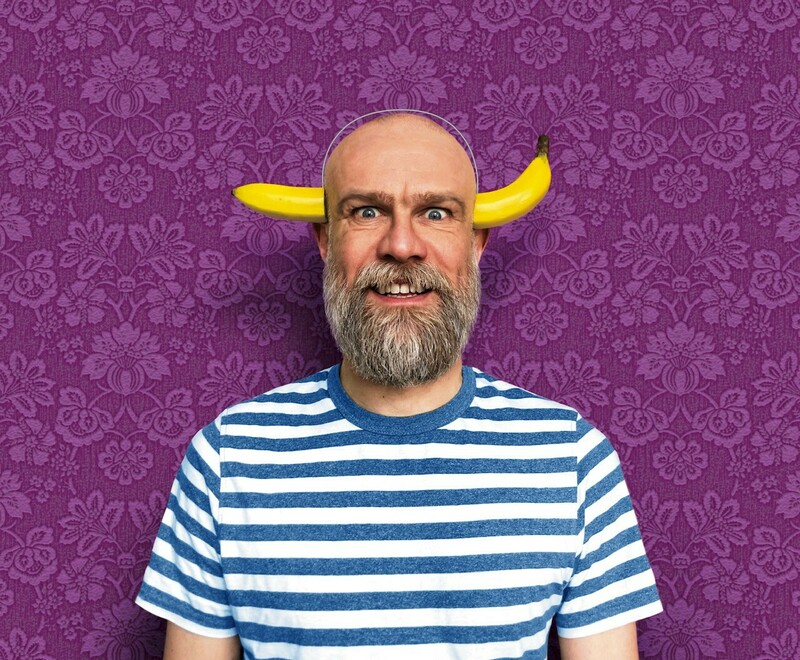 Children's author Olaf Falafel with a banana through his head.
