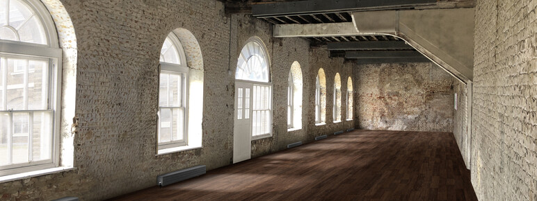 A render of the Knight Gallery, the room has a wooden floor, arched windows and brick walls. A subtle portrait of a man's face is in the brickwork at the end of the room.