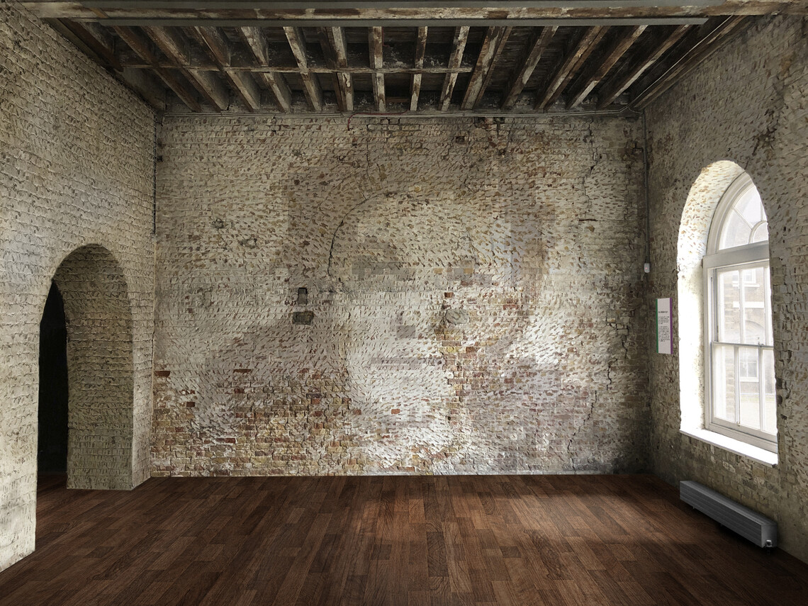 A render of the Knight Gallery, the room has a wooden floor, arched windows and brick walls. A subtle portrait of a woman's face is in the brickwork of the wall.