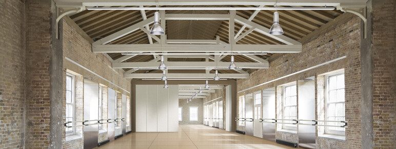 A render of the RopeKeepers and StoneCutters studio, the room has brick walls, exposed beams and a wooden floor