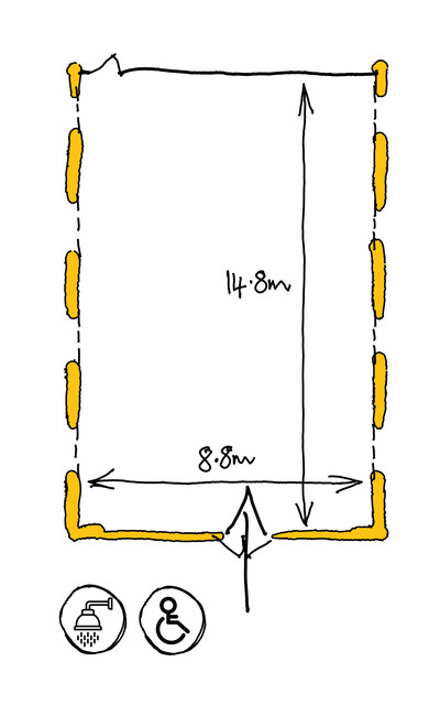 A hand-drawn illustrated aerial view of Rope Keepers Studio space, showing dimensions, and where doors, accessible toilets and showers are.