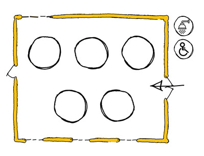 A hand-drawn illustrated aerial view of the Coopers Studio space, showing dimensions, and where doors, accessible toilets and showers are, and capacity for 5 round cabaret tables
