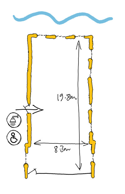 A hand-drawn illustrated aerial view of the Stone Cutters Studio space, showing dimensions, and where doors, accessible toilets and showers are.