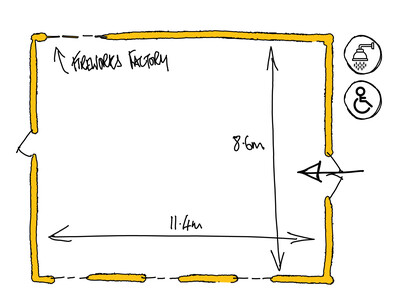 A hand-drawn illustrated aerial view of the Coopers Studio space, showing dimensions, and where doors, accessible toilets and showers are.