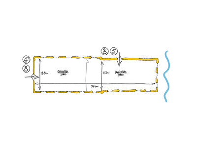 A hand-drawn illustrated aerial view of Rope Keepers and Stone Cutters Studio space, showing dimensions, and where doors, accessible toilets and showers are.