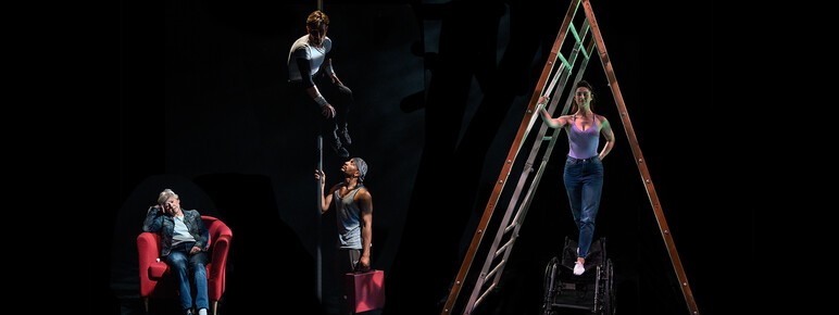 Four performers on a dark stage. The left half of the image is filled with a large ladder, under which a white woman in her thirties stands, balancing herself on a wheelchair. She tips the wheelchair onto its back wheels with her weight, holds onto the ladder with one arm, and smiles, looking proud and strong. To her left, a mixed race man in his thirties stands, holding an old rectangular red school suitcase in his left hand. He looks up dreamily to the third performer, who is a white man in his forties. The third performer is about two metres above the ground, using his left arm to clamp himself onto the bar. His looks like he is almost sitting in the air. His face is in the shadow. Below, on the far left, a white woman in her seventies sits on a red armchair. Its colour matches the second performer's travel case. She rests her head on her right hand, her elbow resting on the armchair. Her eyes are closed.