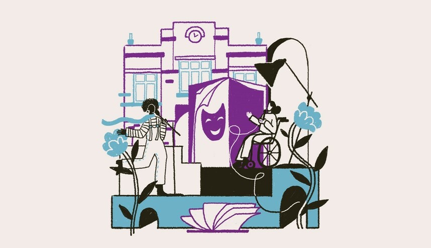 A hand-drawn illustration of two people on stage holding microphones, with a large book and the Royal Arsenal Gatehouse in the background