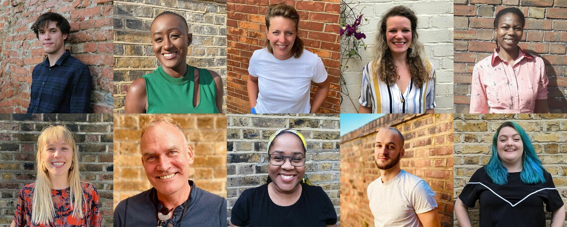 10 images of the Woolwich Works team in a 5 by 2 collage. All of them are standing in front of brick walls and smiling at the camera.