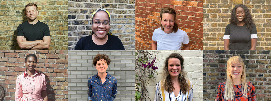 A collage of 8 team members' square pictures. They are all stood in front of brick walls and are all smiling brightly.