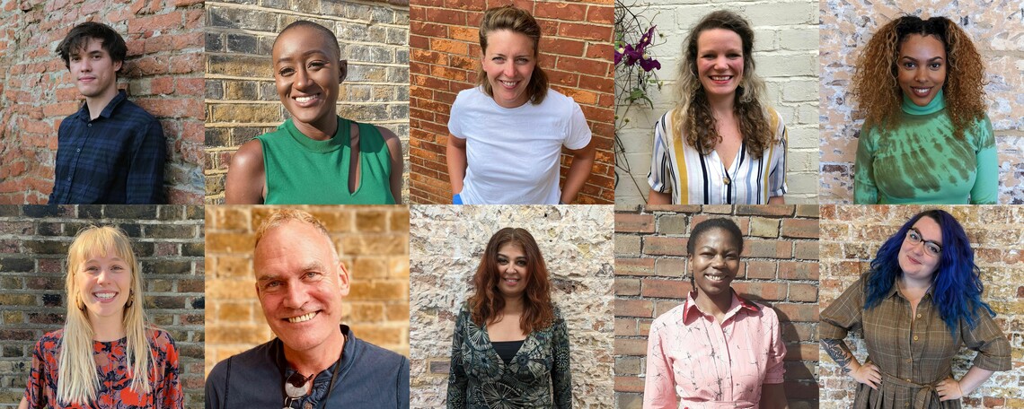 10 images of the Woolwich Works team in a 5 by 2 collage. All of them are standing in front of brick walls and smiling at the camera.