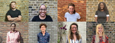 A collage of 8 team members' square pictures. They are all stood in front of brick walls and are all smiling brightly.